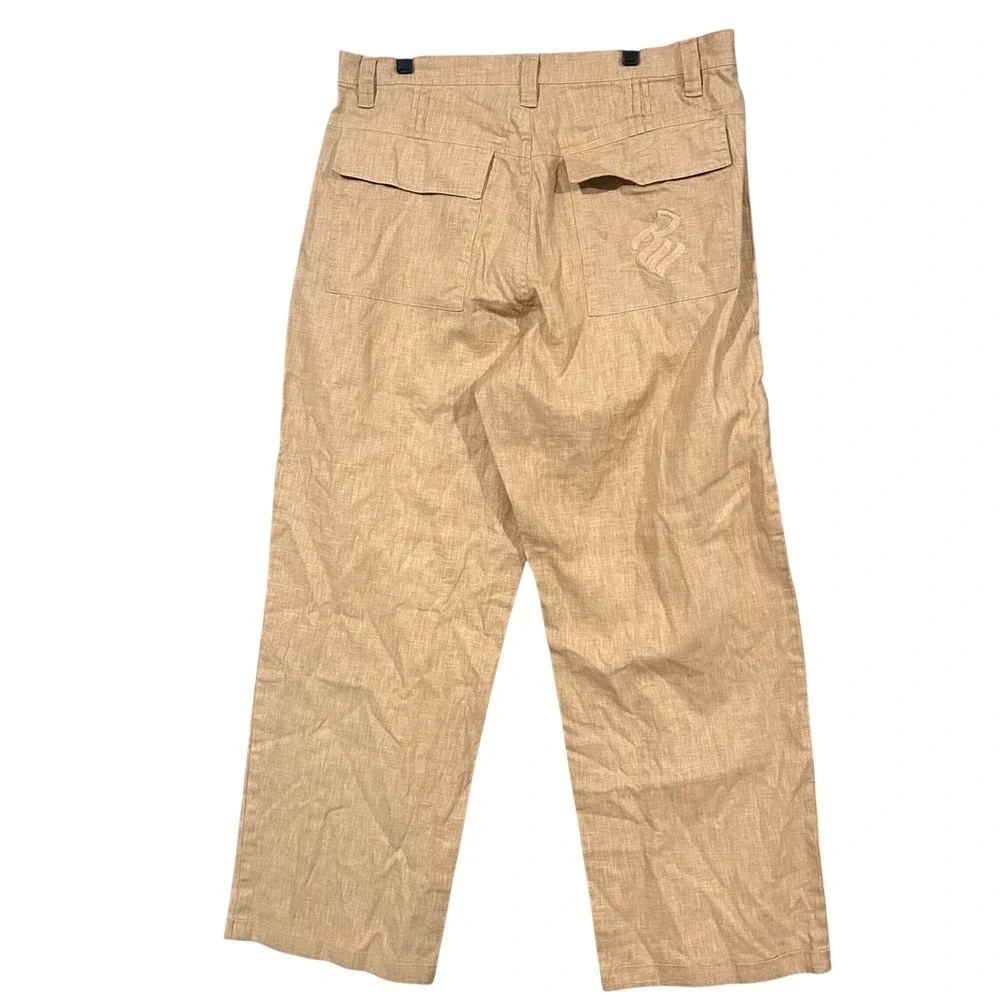 Rocawear Mens Tan Linen Blend Wide Leg Pants Y2K Baggy Khaki Trousers 36x36